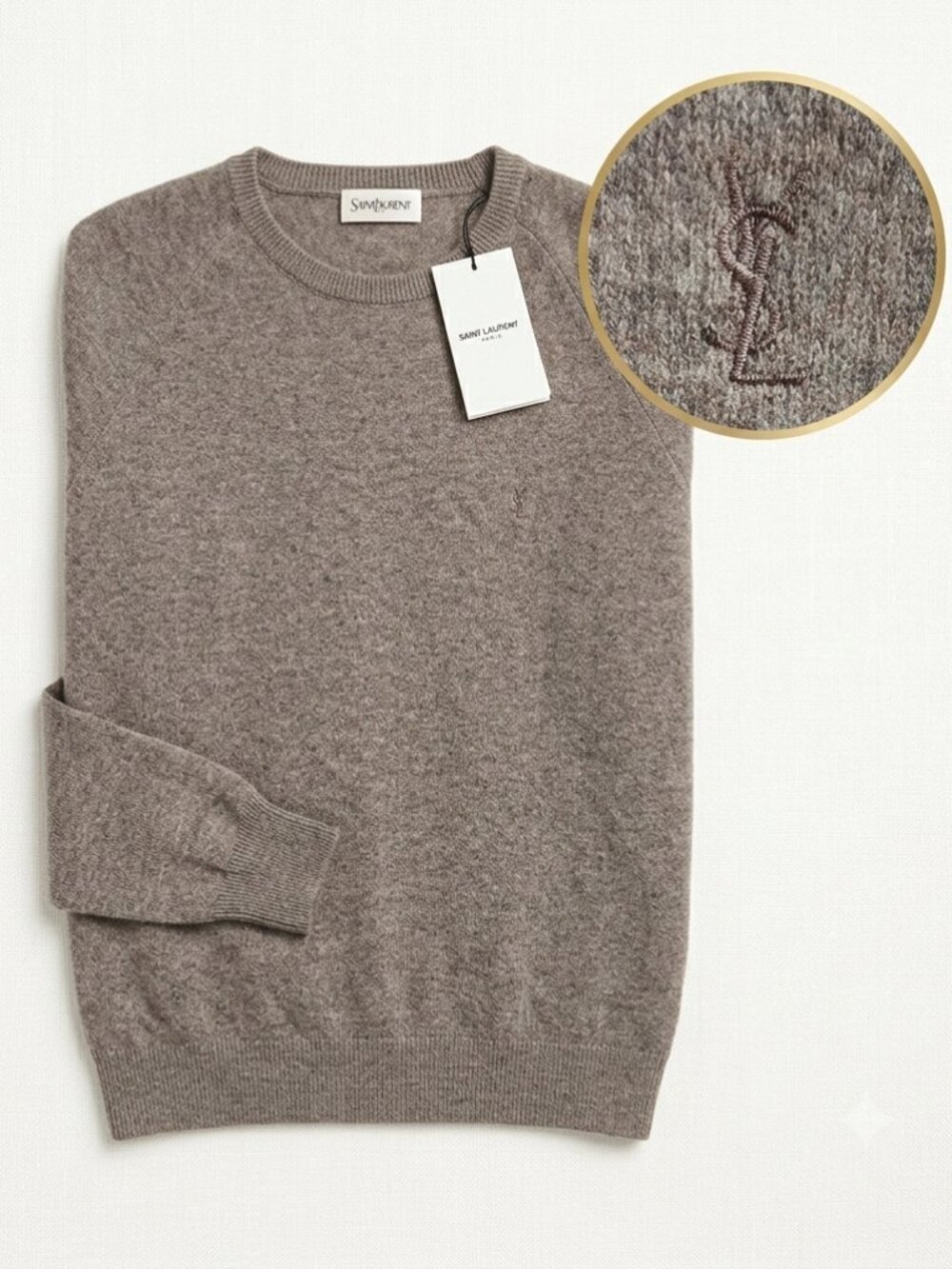 Saint Laurent MENS Cashmere YSL Logo Land Beige Sweater